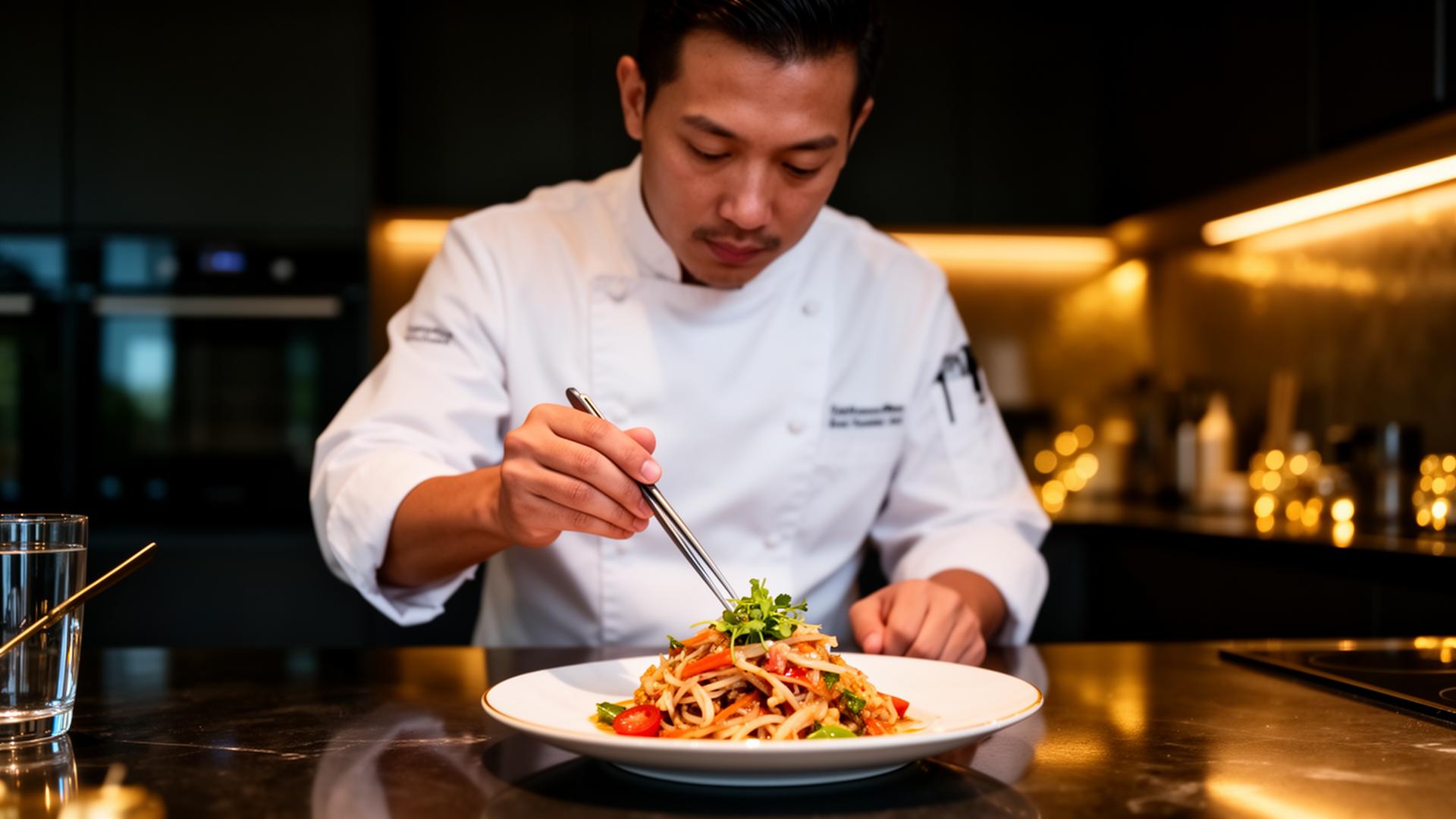 Private chef plating a gourmet Thai dish in a luxury villa kitchen